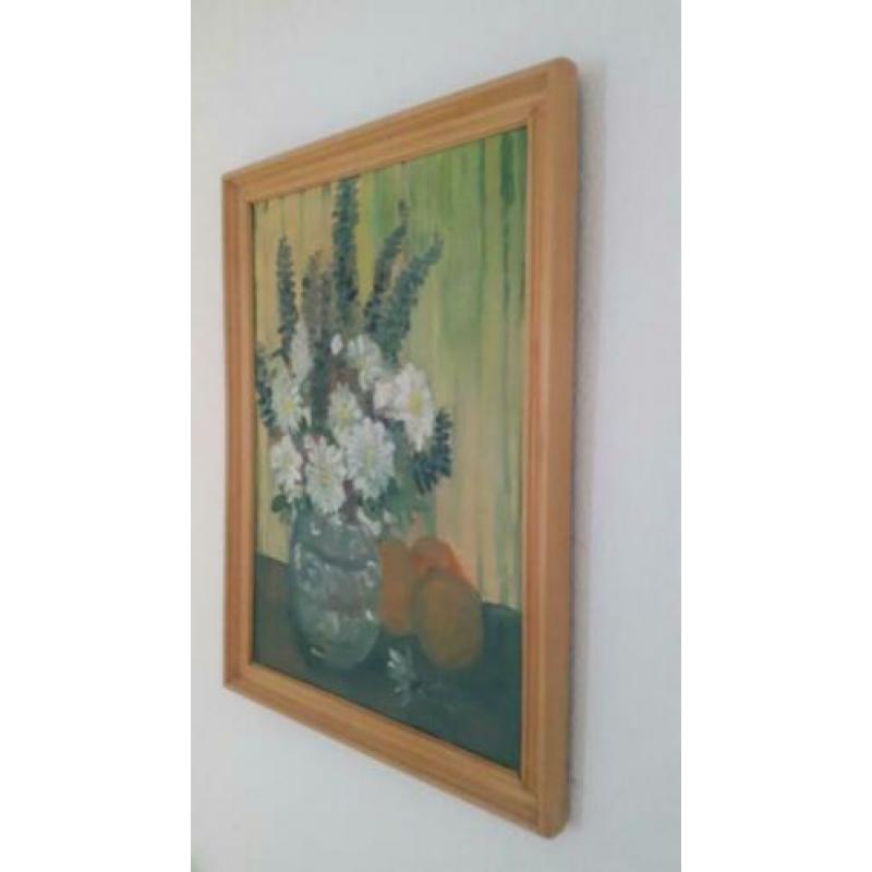 Olieverf schilderij van vaas met bloemen