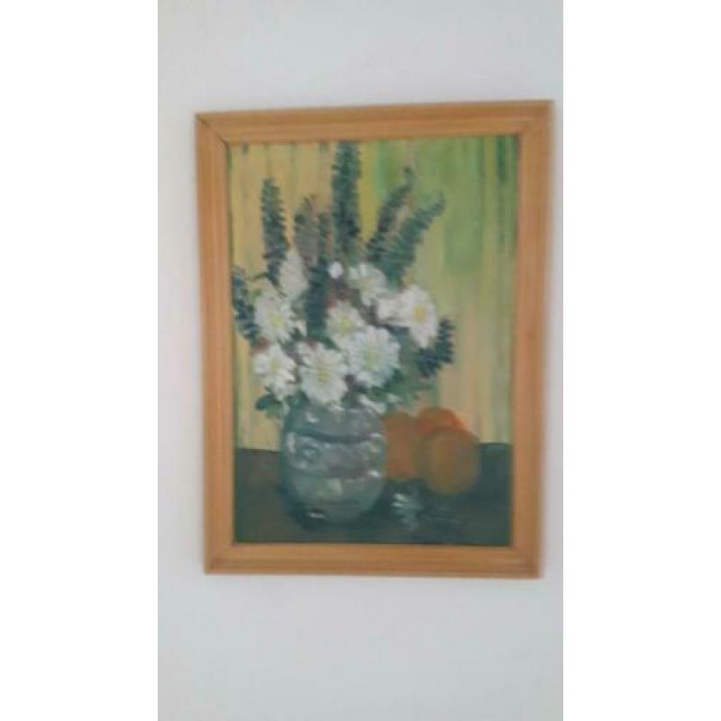 Olieverf schilderij van vaas met bloemen