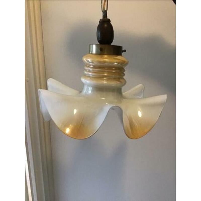 Art Deco Glazen hanglamp met hout,koper + armatuur Sféérvol