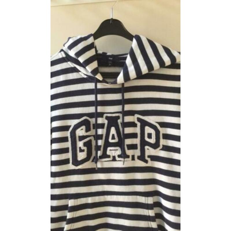 GAP. Blauw/witte gestreepte sweatshirt met capuchon. Maat S