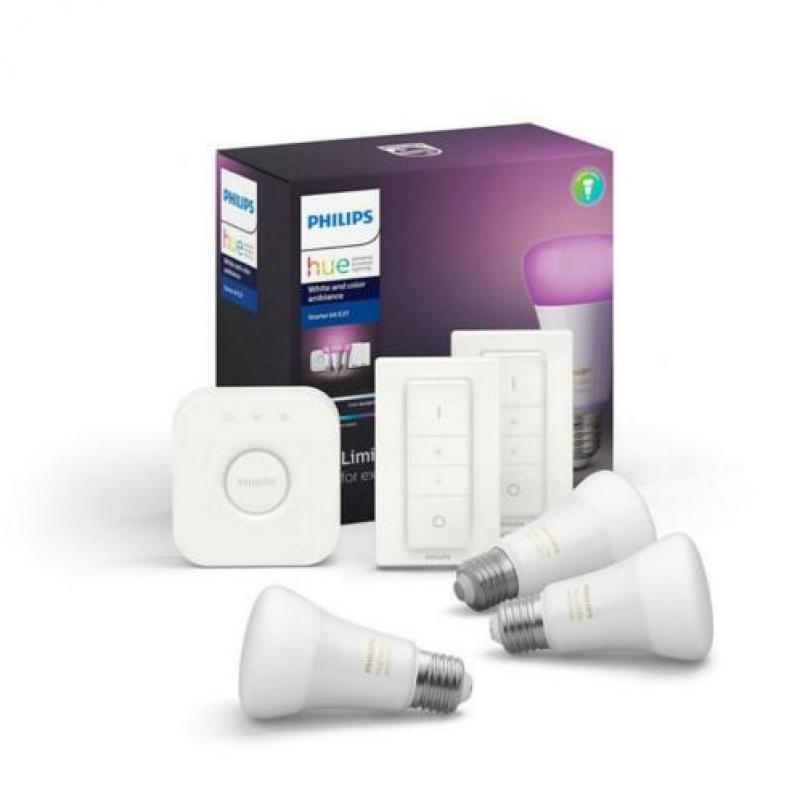 Hue starterkit E27 color. 3 lampen, bridge en 2 dimmers