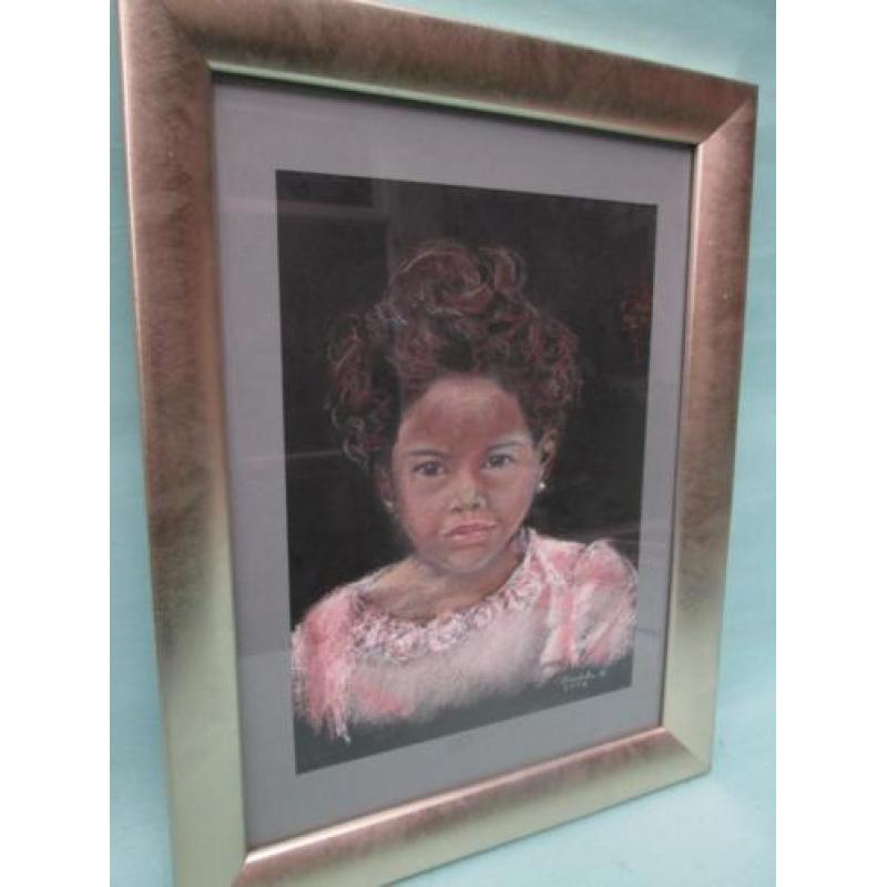 Pastel Portret Meisje met Zwarte Krullen Christa Hoek 2009