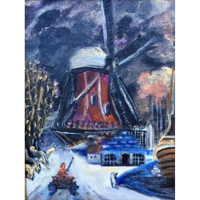 Impressionistisch landschap met molen en boot