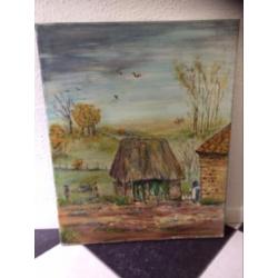 Antiek Schilderij Boeren stal 50x40 cm zonder lijst