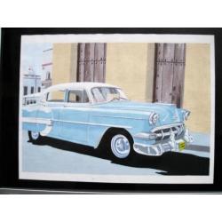 Schilderij stadsgezicht met Chevrolet 1954