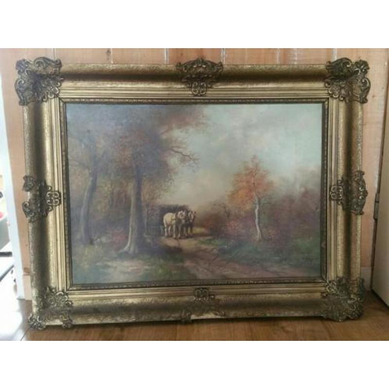 Oud schilderij van paard en wagen in Brocante lijst