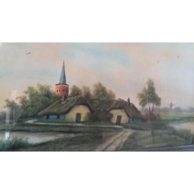 Antieke Krijttekening uit 1920 Hollands landschap