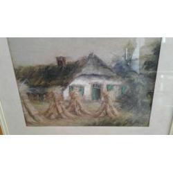 Pastel landschap, boerderij en korenschoven, gesigneerd