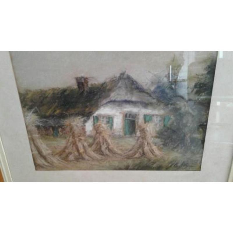 Pastel landschap, boerderij en korenschoven, gesigneerd