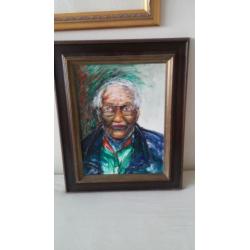 Portret schilderij van oude man, acryl in klassieke lijst