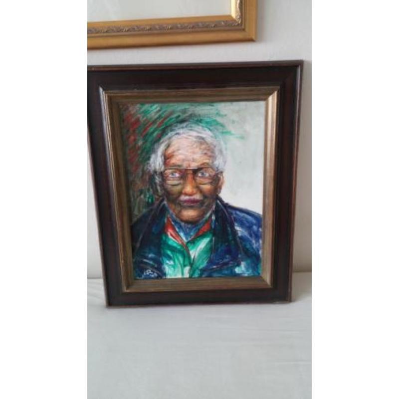 Portret schilderij van oude man, acryl in klassieke lijst