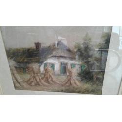 Pastel landschap, boerderij en korenschoven, gesigneerd