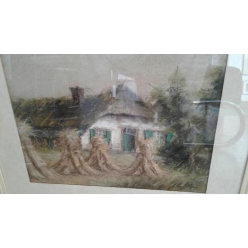 Pastel landschap, boerderij en korenschoven, gesigneerd