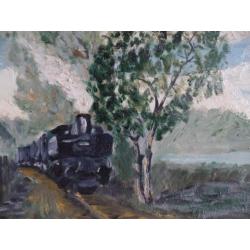 Te koop impressionistisch schilderij van stoomtrein