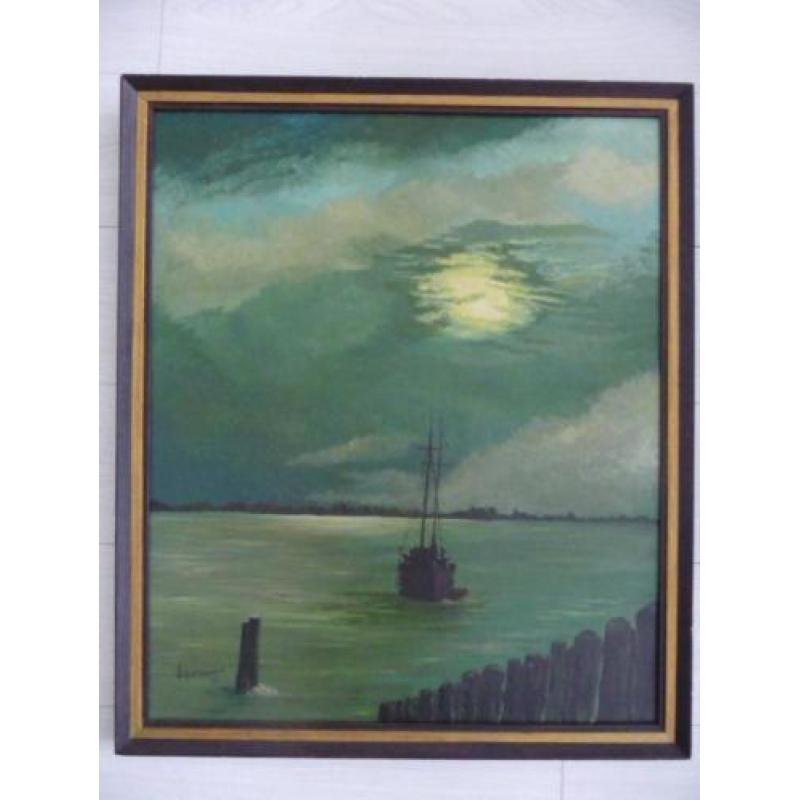 schilderij DE SCHELDE BIJ NACHT -BERGEN OP ZOOM- afm.66x78cm