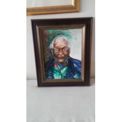 Portret schilderij van oude man, acryl in klassieke lijst