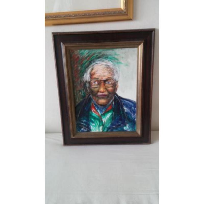 Portret schilderij van oude man, acryl in klassieke lijst